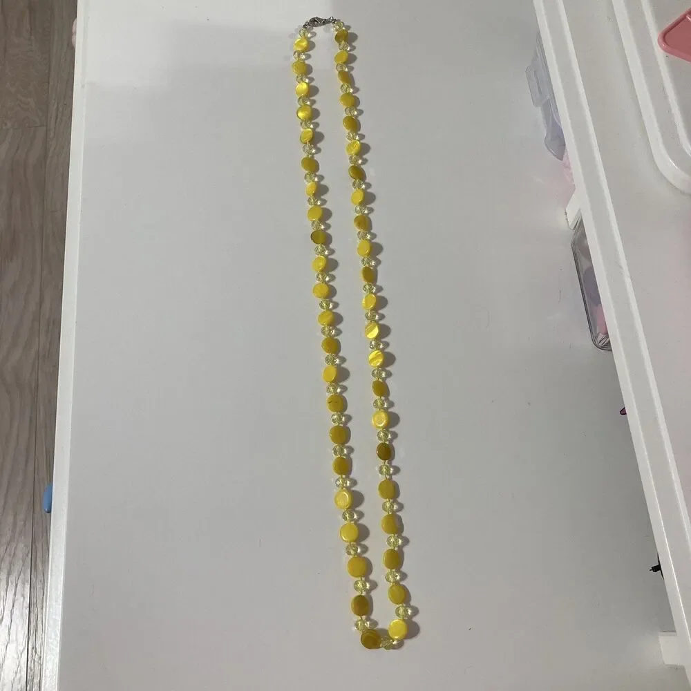 Long Yellow Round Disc Transparent Beaded Cord Necklace Bohemian Lobster Clasp